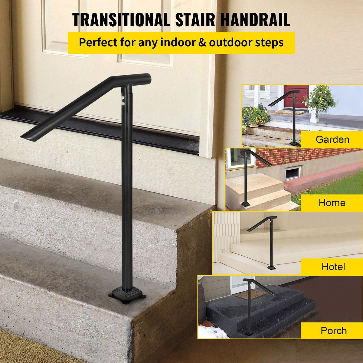 3Ft Step Railing, Iron Stair Handrail Floor Mounted Sturdy Black Arched Handrails for Outdoor Indoor Steps Fits 2 to 3 Steps