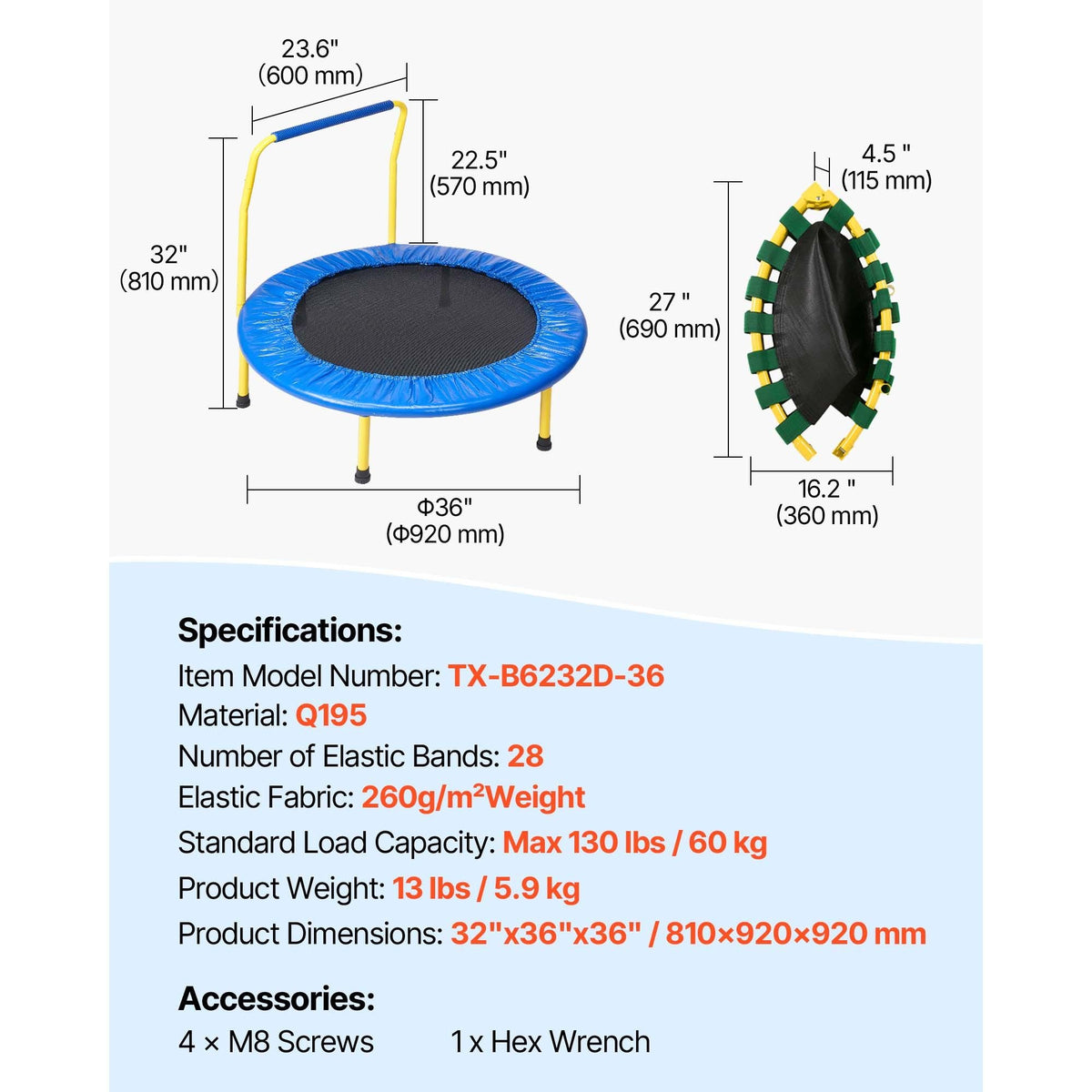 3FT Trampoline for Kids, 36" Trampolines Indoor/Outdoor Trampoline for Toddlers, Foldable Mini Baby Trampoline with Foam Handle, Recreational Trampoline Birthday Gift for 3+ Years Kids