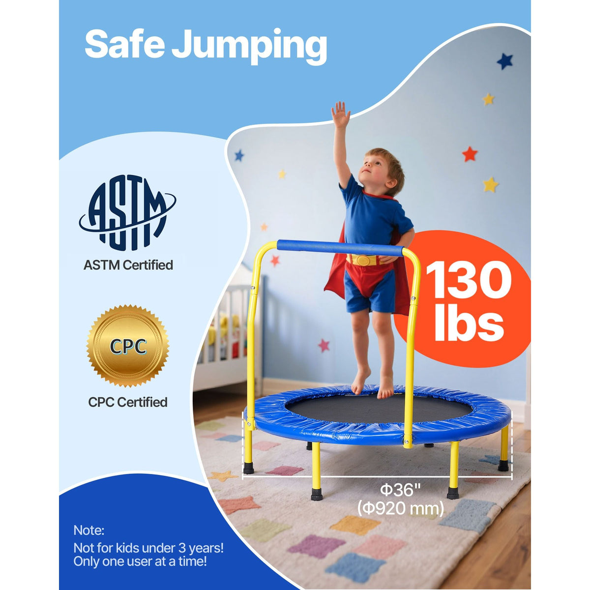 3FT Trampoline for Kids, 36" Trampolines Indoor/Outdoor Trampoline for Toddlers, Foldable Mini Baby Trampoline with Foam Handle, Recreational Trampoline Birthday Gift for 3+ Years Kids