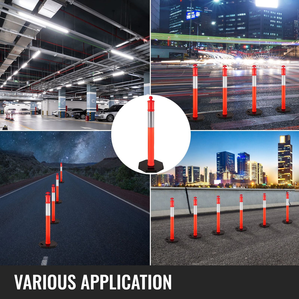 3Pack Traffic Delineator Posts 44 Inch Height, Orange Delineator Cones with Rubber Base 16 inch, PE Delineator Post Kit 10 inch Reflective Band for Construction Sites, Facility Management etc.