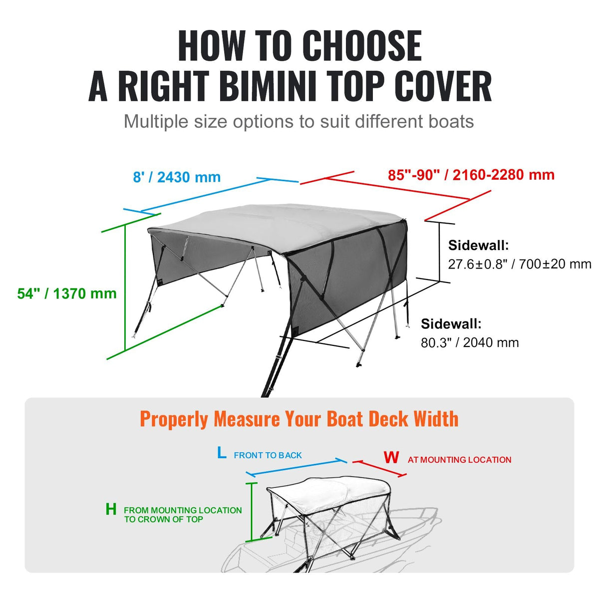 4 Bow Bimini Top Boat Cover, Detachable Mesh Sidewalls, 600D Polyester Canopy with 1" Aluminum Alloy Frame, Includes Storage Boot, 2 Straps, 2 Support Poles, 8'L x 54"H x 85"-90"W, Light Grey