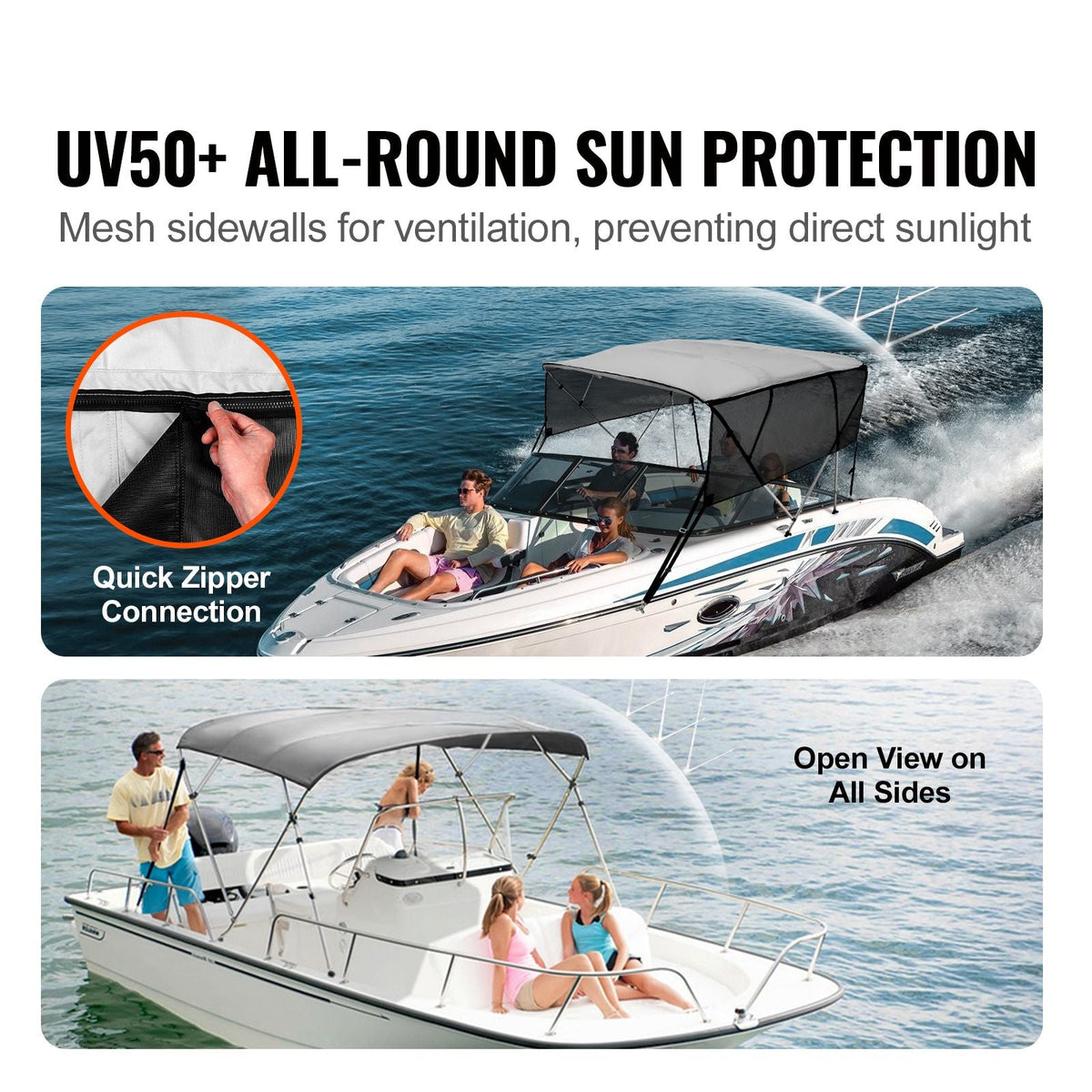 4 Bow Bimini Top Boat Cover, Detachable Mesh Sidewalls, 600D Polyester Canopy with 1" Aluminum Alloy Frame, Includes Storage Boot, 2 Straps, 2 Support Poles, 8'L x 54"H x 85"-90"W, Light Grey