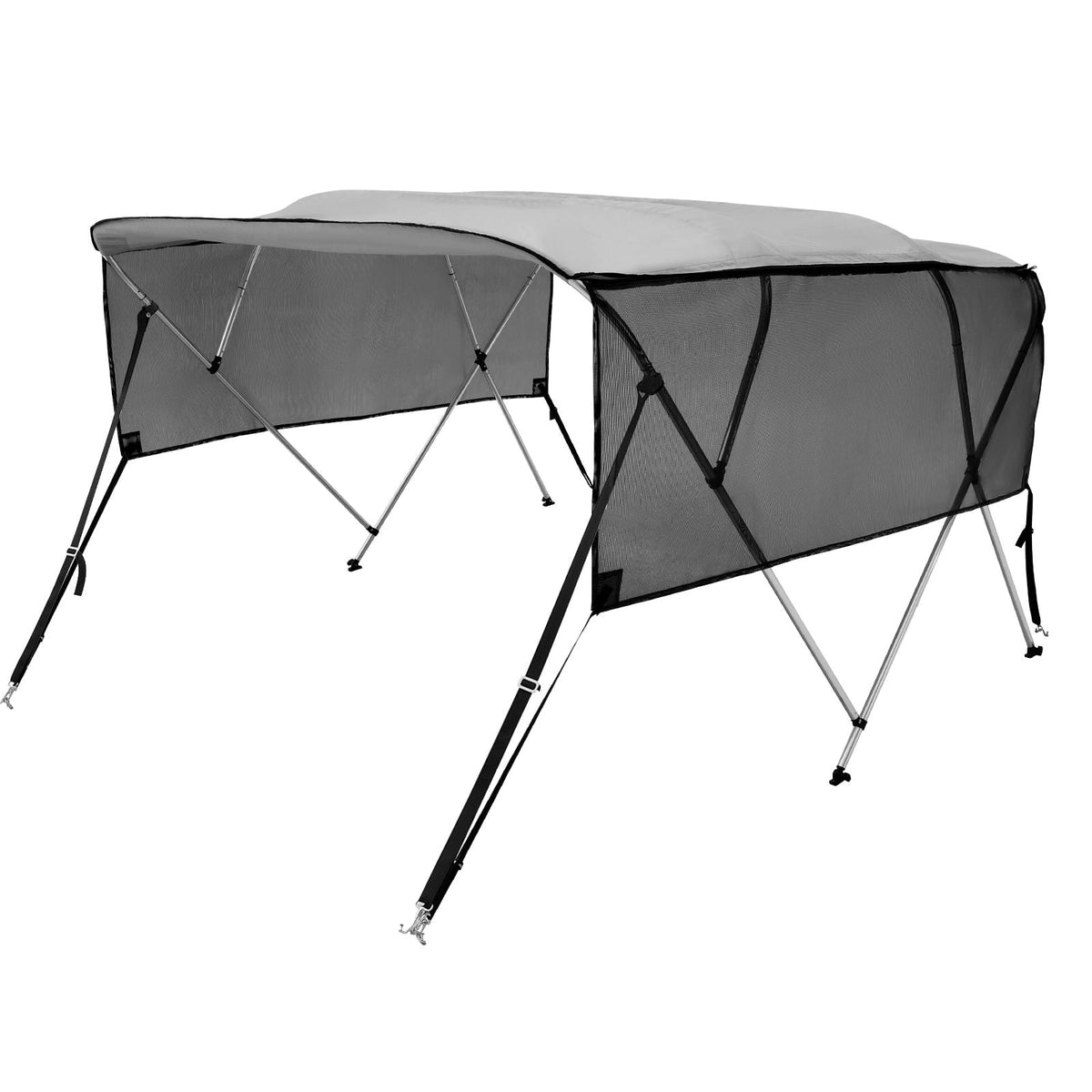 4 Bow Bimini Top Boat Cover, Detachable Mesh Sidewalls, 600D Polyester Canopy with 1" Aluminum Alloy Frame, Includes Storage Boot, 2 Straps, 2 Support Poles, 8'L x 54"H x 85"-90"W, Light Grey