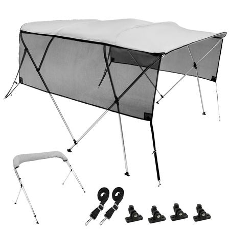 4 Bow Bimini Top Boat Cover, Detachable Mesh Sidewalls, 600D Polyester Canopy with 1" Aluminum Alloy Frame, Includes Storage Boot, 2 Straps, 2 Support Poles, 8'L x 54"H x 85"-90"W, Light Grey
