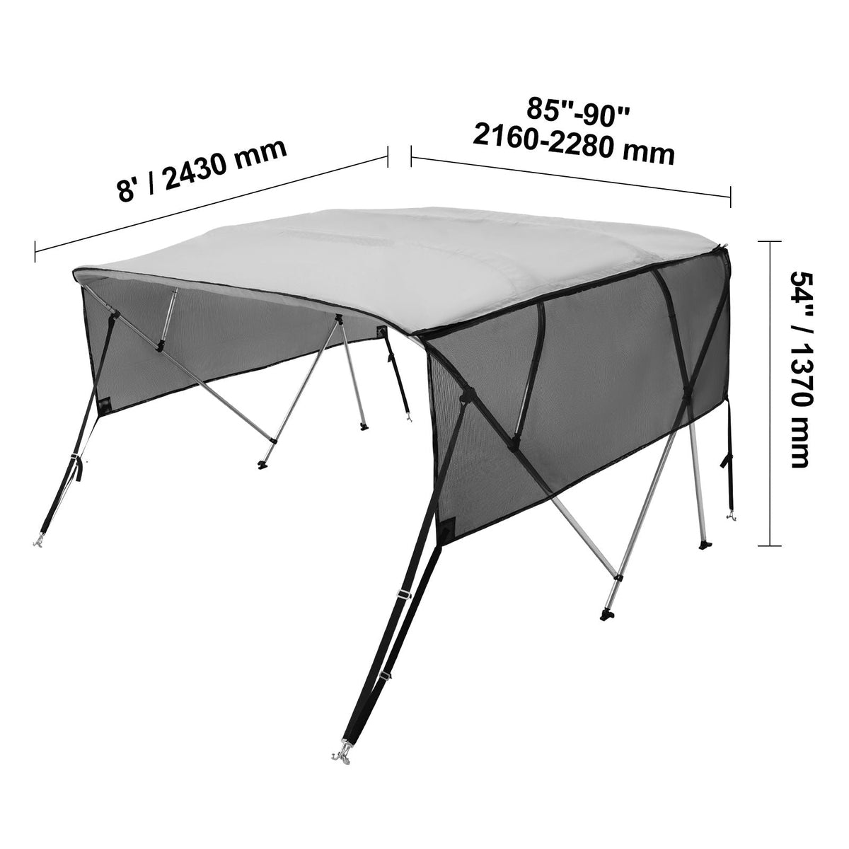 4 Bow Bimini Top Boat Cover, Detachable Mesh Sidewalls, 600D Polyester Canopy with 1" Aluminum Alloy Frame, Includes Storage Boot, 2 Straps, 2 Support Poles, 8'L x 54"H x 85"-90"W, Light Grey