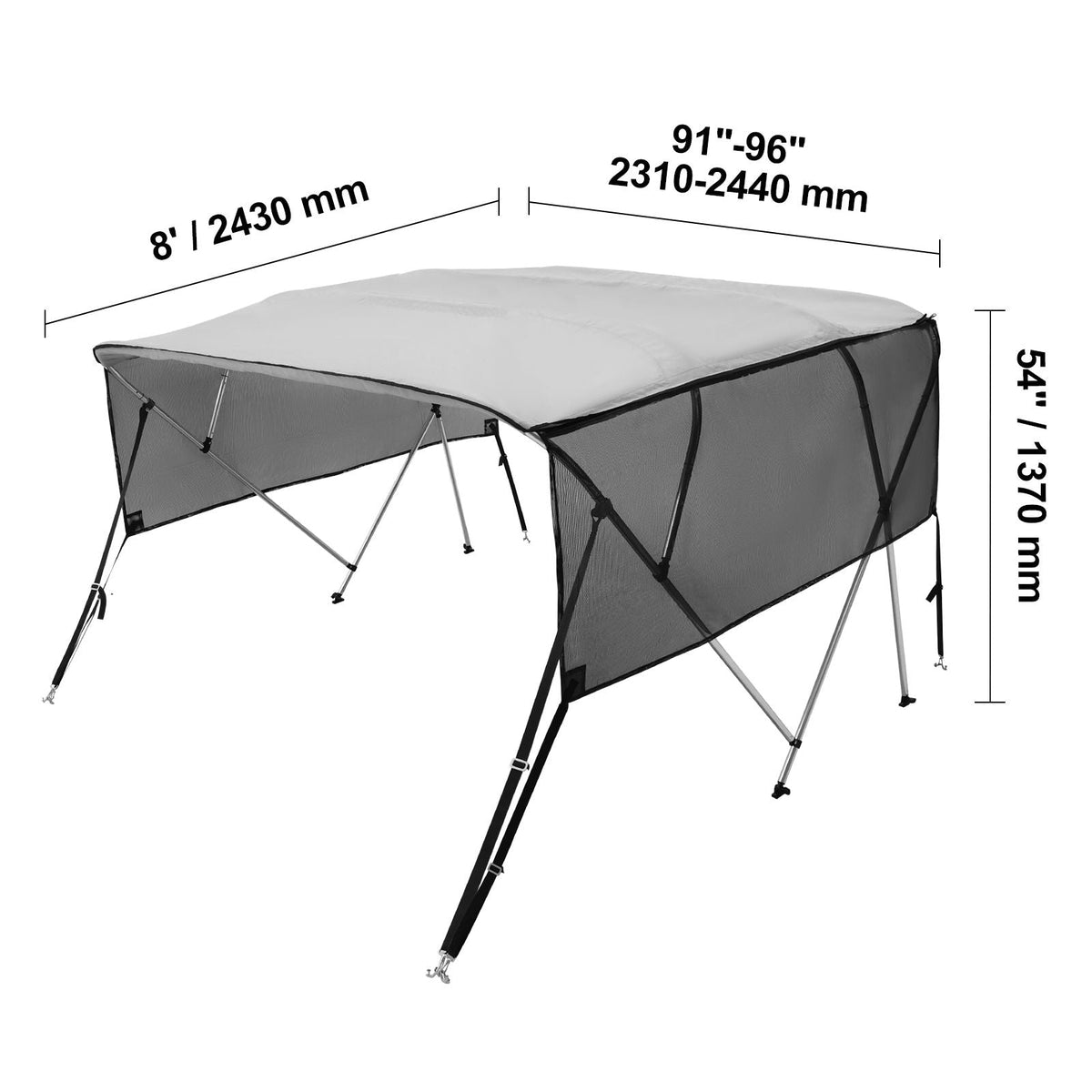 4 Bow Bimini Top Boat Cover, Detachable Mesh Sidewalls, 600D Polyester Canopy with 1" Aluminum Alloy Frame, Includes Storage Boot, 2 Straps, 2 Support Poles, 8'L x 54"H x 91"-96"W, Light Grey