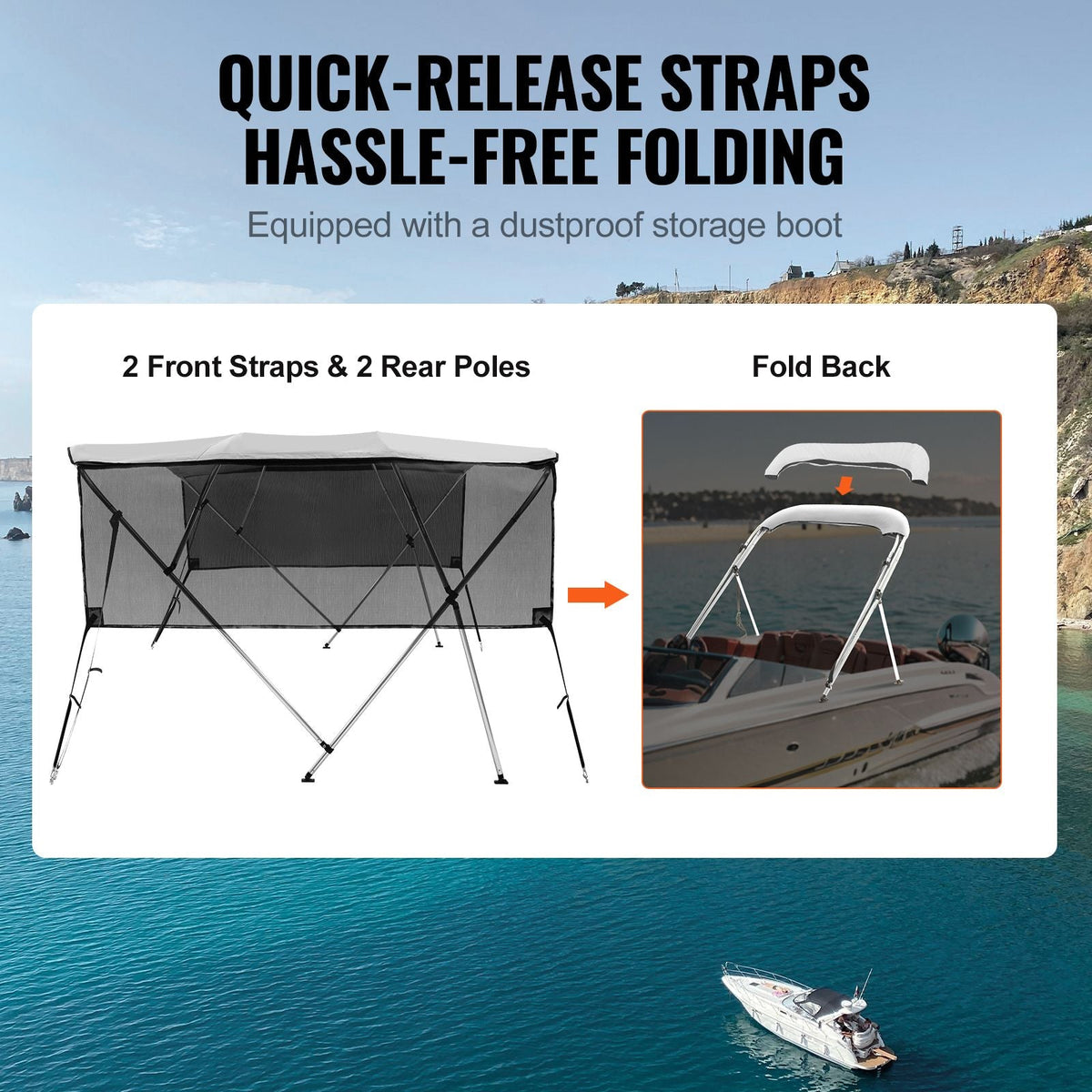 4 Bow Bimini Top Boat Cover, Detachable Mesh Sidewalls, 600D Polyester Canopy with 1" Aluminum Alloy Frame, Includes Storage Boot, 2 Straps, 2 Support Poles, 8'L x 54"H x 91"-96"W, Light Grey