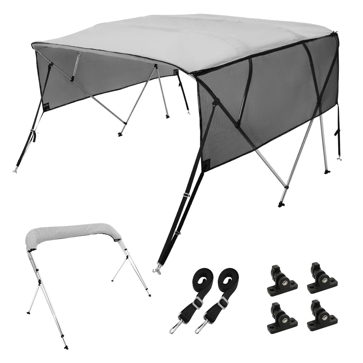 4 Bow Bimini Top Boat Cover, Detachable Mesh Sidewalls, 600D Polyester Canopy with 1" Aluminum Alloy Frame, Includes Storage Boot, 2 Straps, 2 Support Poles, 8'L x 54"H x 91"-96"W, Light Grey