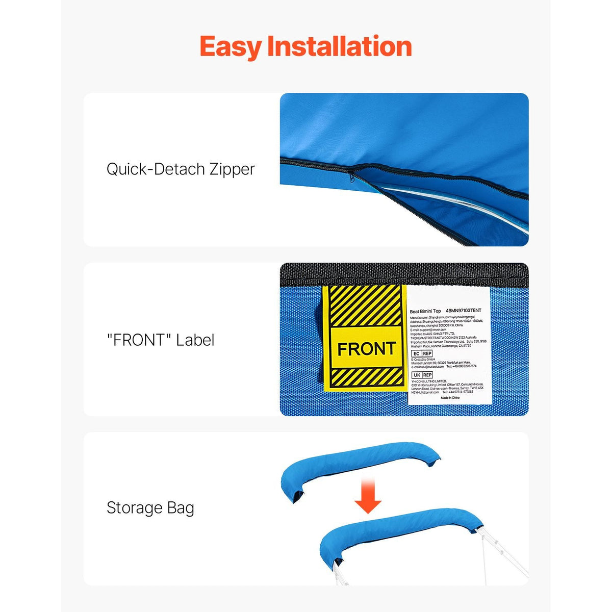4 Bow Bimini Top Replacement Cover, 8 ft Long, Durable 600D Marine Grade Waterproof Sun Shade Boat Canopy with Storage Boot, Easy Install Zipper Sleeve Awning, 96"L x (91"-96")W, Blue (No Frame)