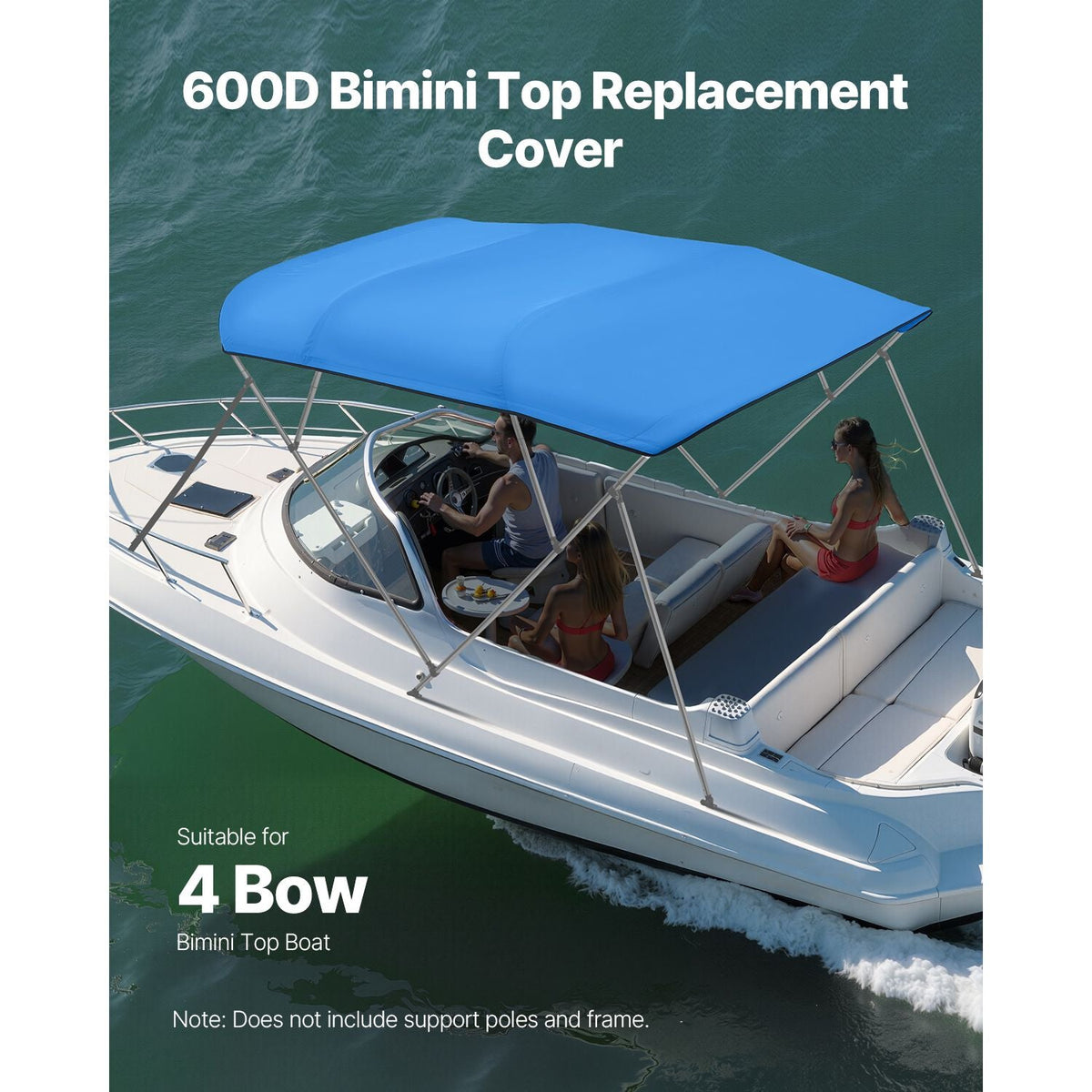 4 Bow Bimini Top Replacement Cover, 8 ft Long, Durable 600D Marine Grade Waterproof Sun Shade Boat Canopy with Storage Boot, Easy Install Zipper Sleeve Awning, 96"L x (91"-96")W, Blue (No Frame)