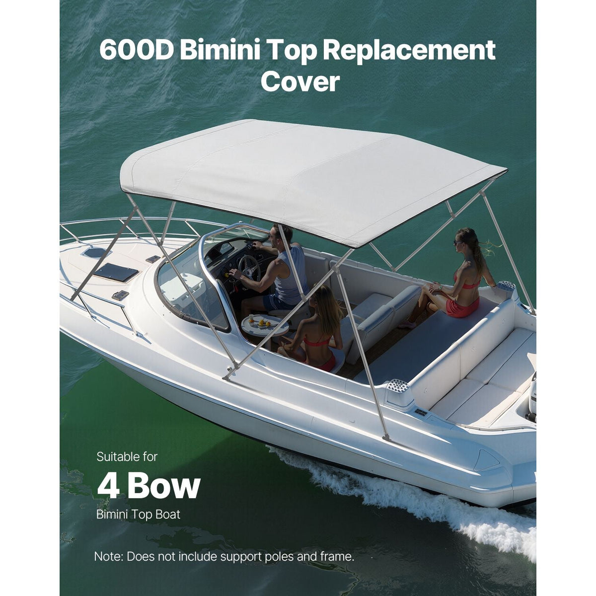 4 Bow Bimini Top Replacement Cover, 8 ft Long Durable 600D Marine Grade Waterproof Sun Shade Boat Canopy with Storage Boot, Easy Install Zipper Sleeve Awning, 96"L x (97"-103")W, Gray (No Frame)