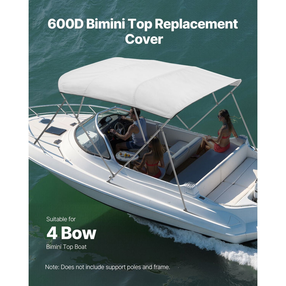 4 Bow Boat Bimini Tops, 600D Polyester Canopy, Waterproof & Sun Protection Boat Awning Canopy with Storage Bag, Bimini Top Replacement, 96"Lx(91"-96")W, Light Grey (Support Frame Not Included)