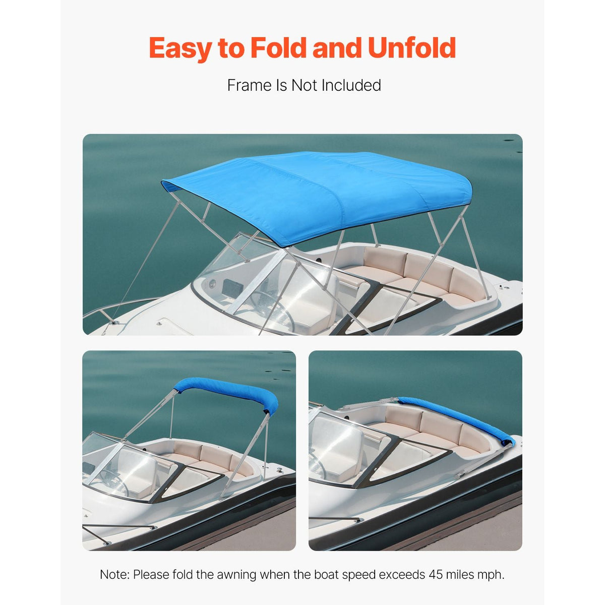 4 Bow Boat Bimini Tops, 600D Polyester Canopy, Waterproof & Sun Protection Boat Awning Canopy with Storage Bag, Bimini Top Replacement, 96"Lx(97"-103")W Pacific Blue (Support Frame Not Included)