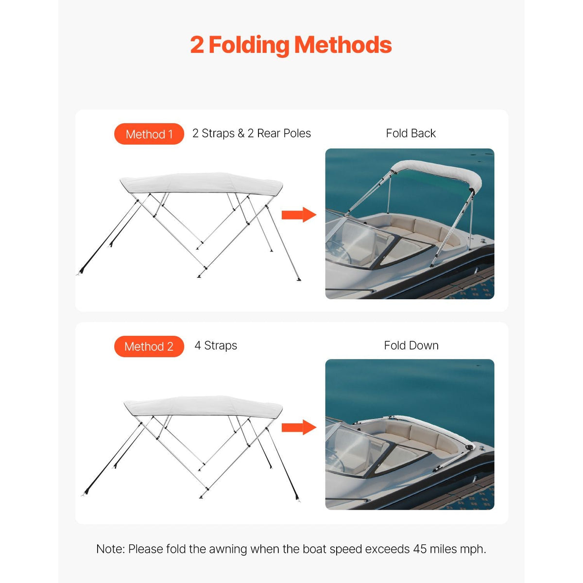 4 Bow Boat Bimini Tops, 600D Polyester Canopy with Aluminum Alloy Frame, Waterproof & Sun Shade Boat Awning Canopy with Storage Bag, 2 Support Poles, 4 Straps, 96"Lx(79"-84")Wx54"H, Light Grey