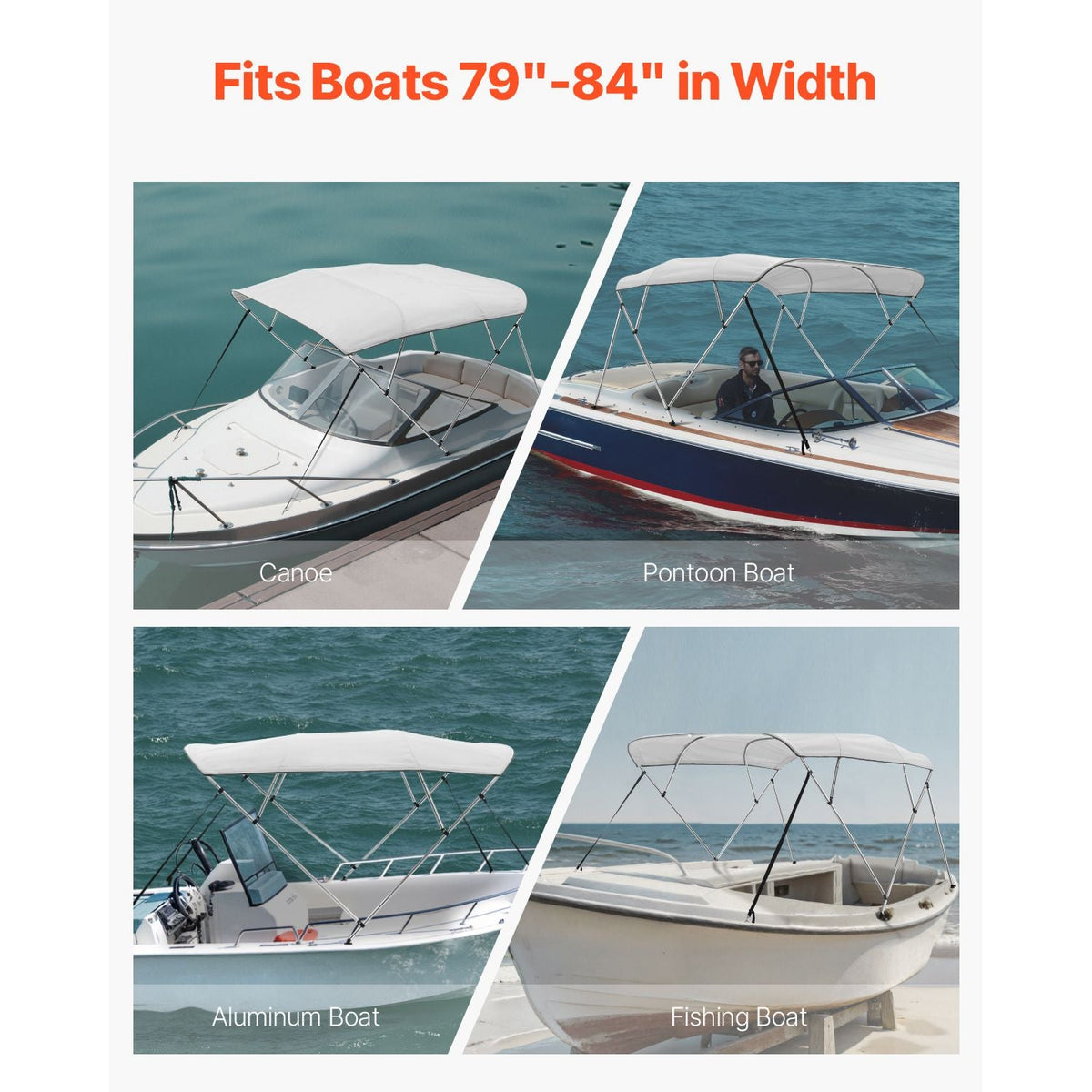 4 Bow Boat Bimini Tops, 600D Polyester Canopy with Aluminum Alloy Frame, Waterproof & Sun Shade Boat Awning Canopy with Storage Bag, 2 Support Poles, 4 Straps, 96"Lx(79"-84")Wx54"H, Light Grey