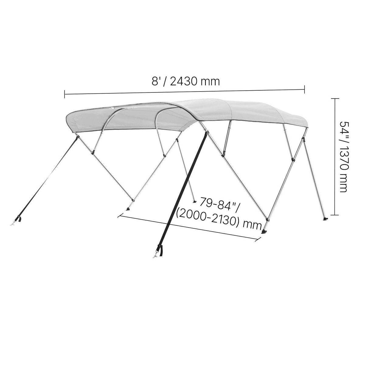 4 Bow Boat Bimini Tops, 600D Polyester Canopy with Aluminum Alloy Frame, Waterproof & Sun Shade Boat Awning Canopy with Storage Bag, 2 Support Poles, 4 Straps, 96"Lx(79"-84")Wx54"H, Light Grey