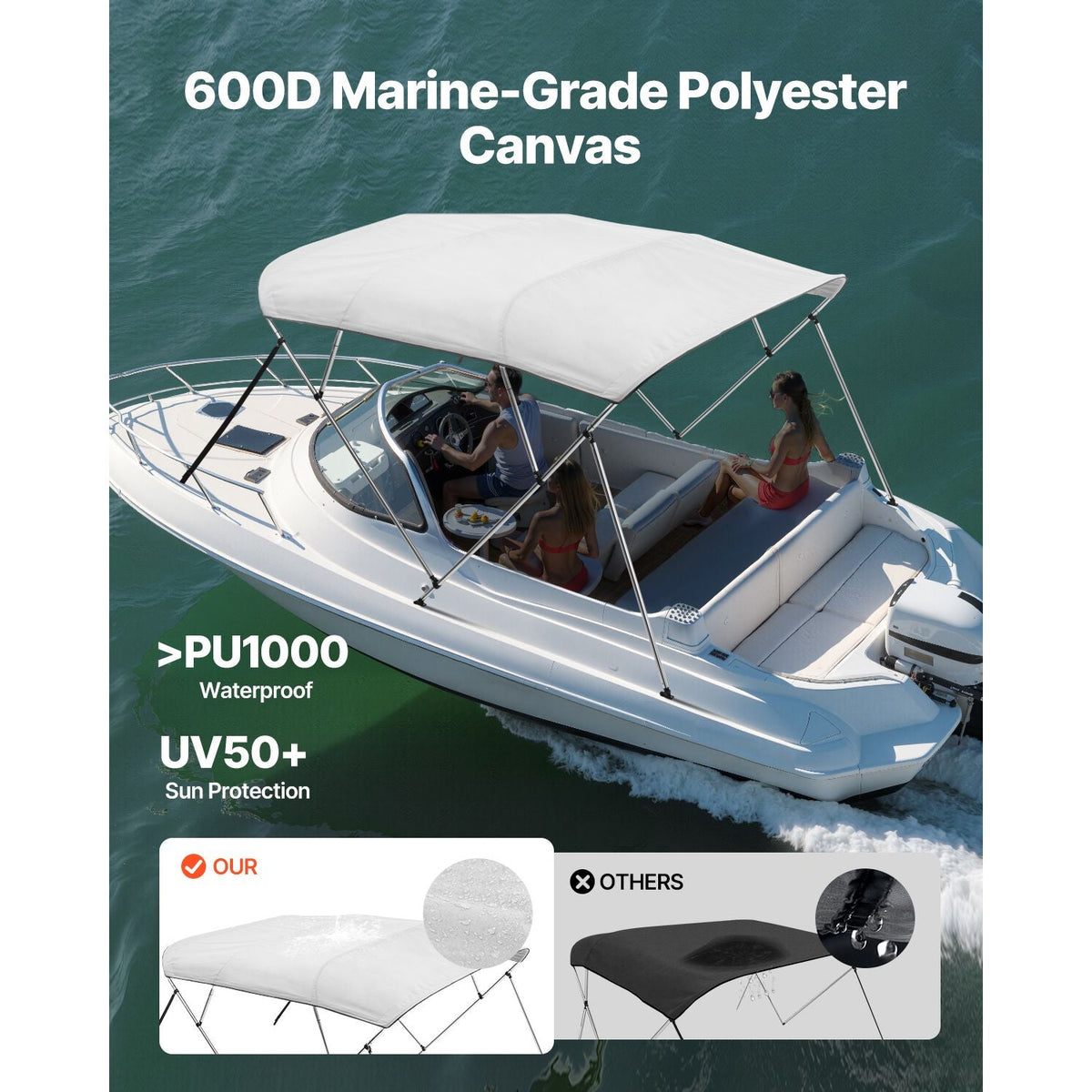 4 Bow Boat Bimini Tops, 600D Polyester Canopy with Aluminum Alloy Frame, Waterproof & Sun Shade Boat Awning Canopy with Storage Bag, 2 Support Poles, 4 Straps, 96"Lx(79"-84")Wx54"H, Light Grey