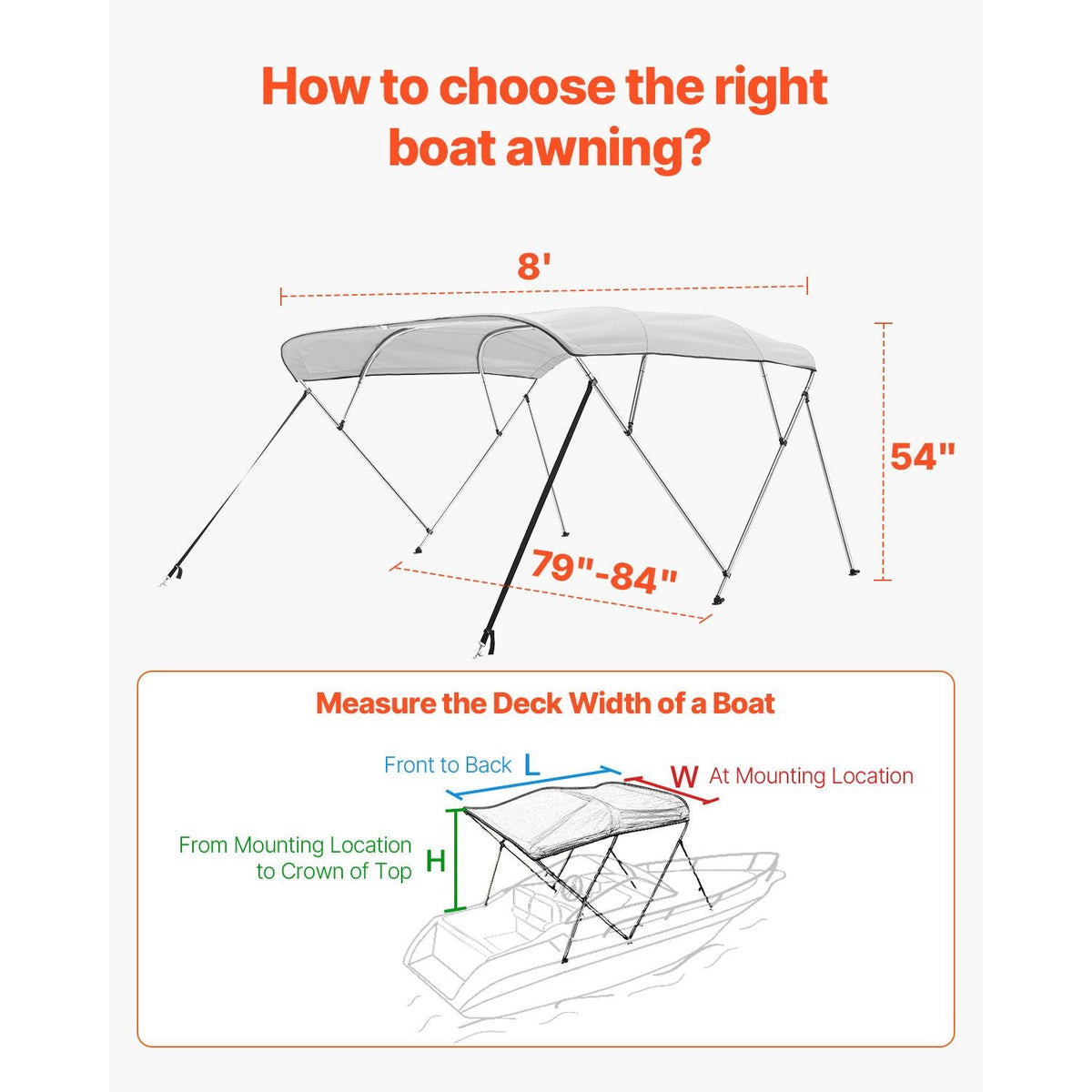 4 Bow Boat Bimini Tops, 600D Polyester Canopy with Aluminum Alloy Frame, Waterproof & Sun Shade Boat Awning Canopy with Storage Bag, 2 Support Poles, 4 Straps, 96"Lx(79"-84")Wx54"H, Light Grey