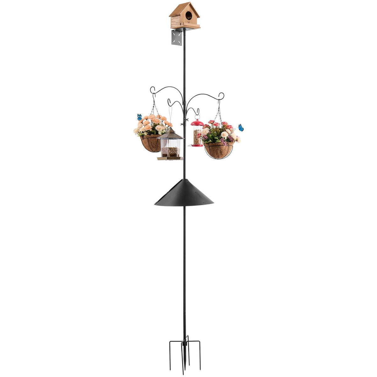 4-Hook Wild Bird Feeder Stand Pole, 92 Inch Bird Feeding Station Kit, 31/32 inch Diameter Bird House Hanging Hooks with Squirrel Guard Baffle, Heavy Duty Multi-Feeder Stand Easy to Install