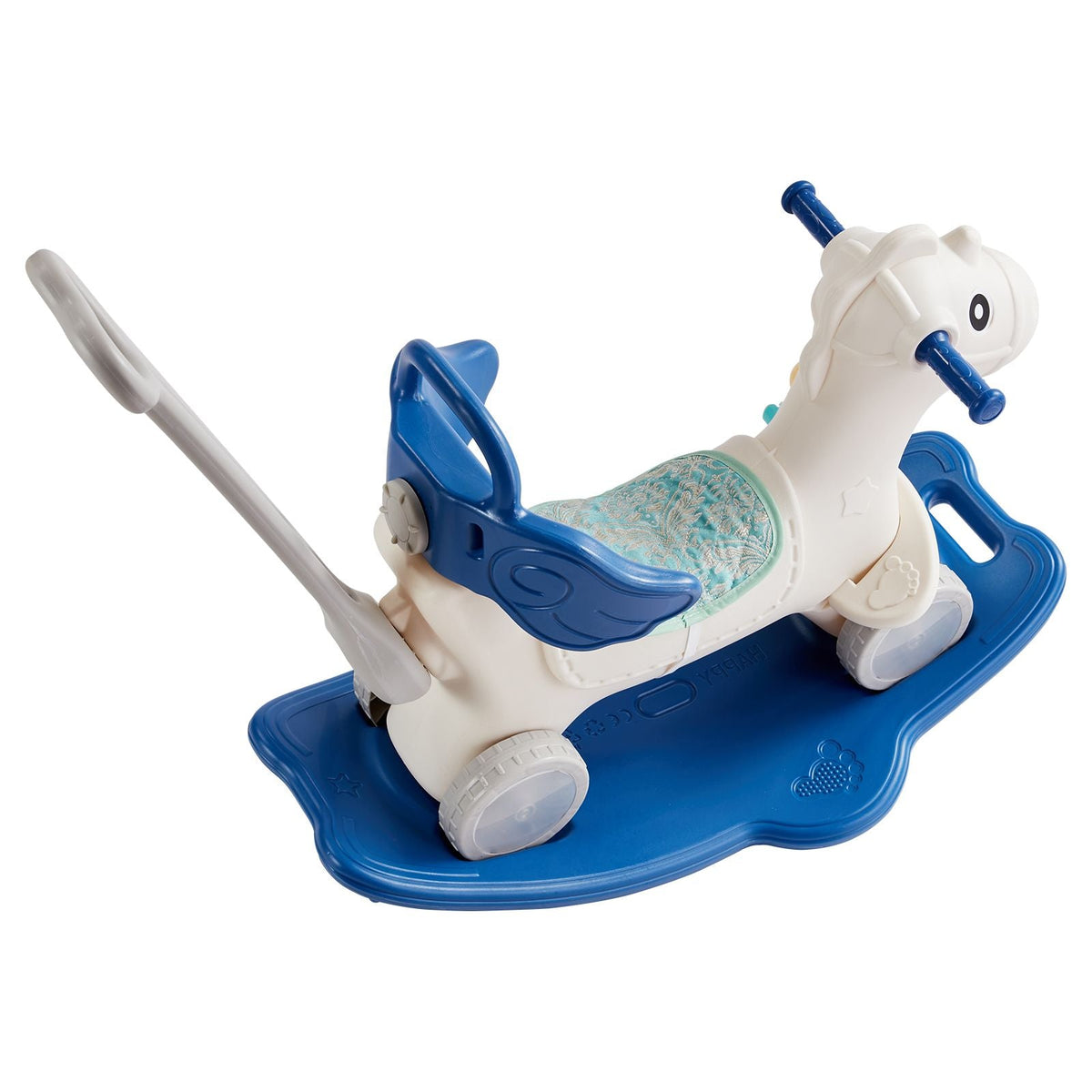 4 in 1 Rocking Horse for Toddlers 1-3 Years, Baby Rocking Horse with Detachable Balance Board, Push Handle and 4 Smooth Wheels, Support up to HDPE 80 lbs Kids Ride on Toy with Sound, Blue