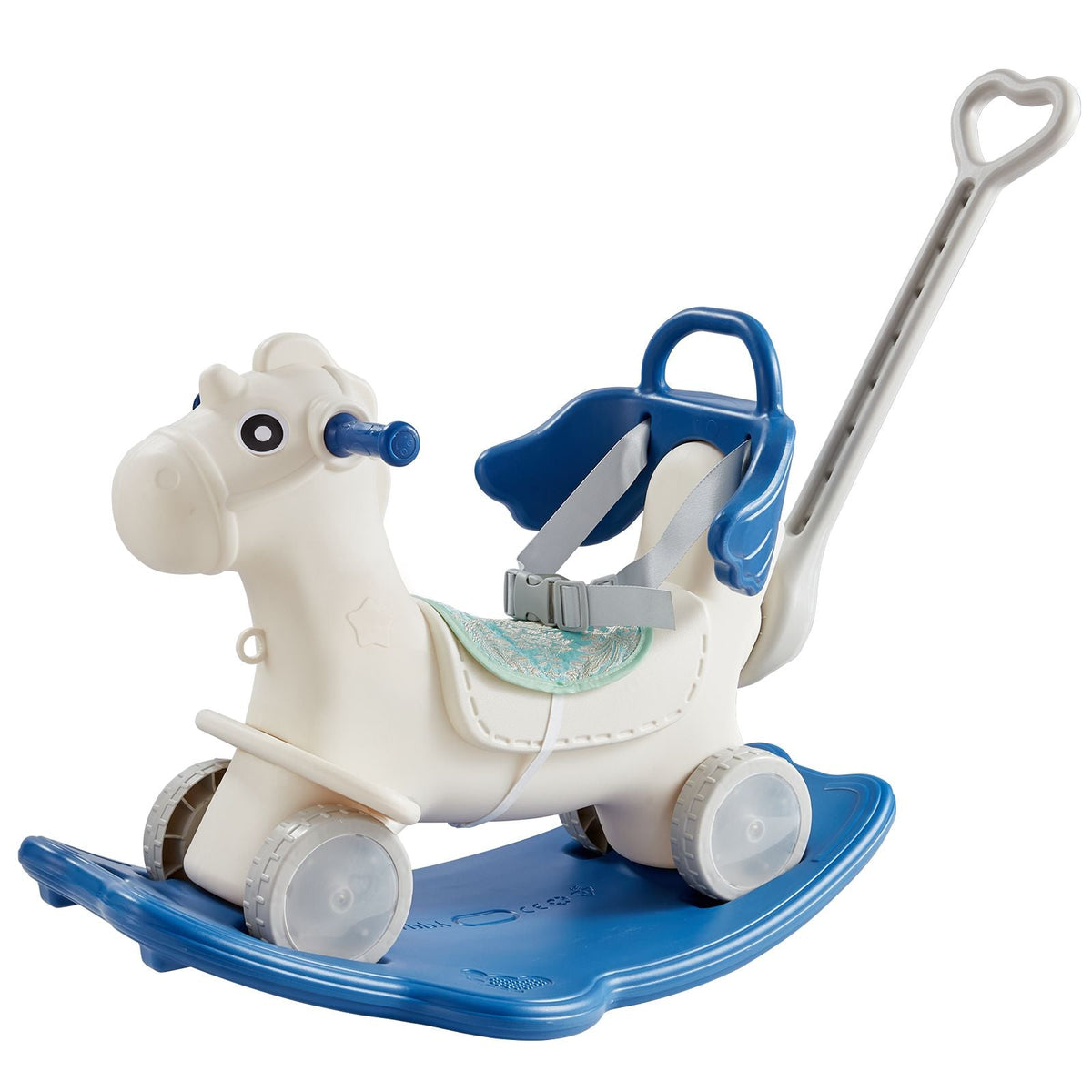 4 in 1 Rocking Horse for Toddlers 1-3 Years, Baby Rocking Horse with Detachable Balance Board, Push Handle and 4 Smooth Wheels, Support up to HDPE 80 lbs Kids Ride on Toy with Sound, Blue