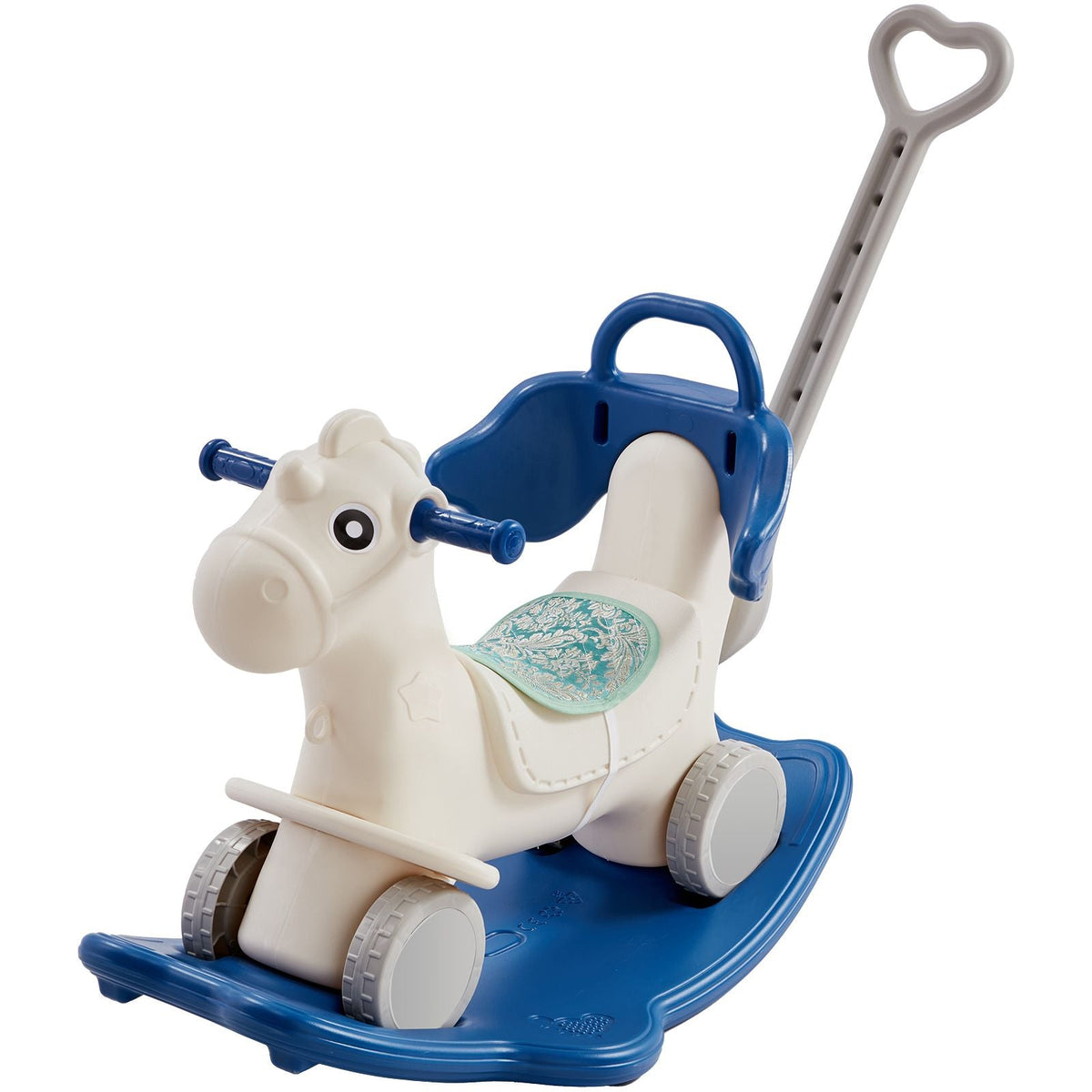 4 in 1 Rocking Horse for Toddlers 1-3 Years, Baby Rocking Horse with Detachable Balance Board, Push Handle and 4 Smooth Wheels, Support up to HDPE 80 lbs Kids Ride on Toy with Sound, Blue