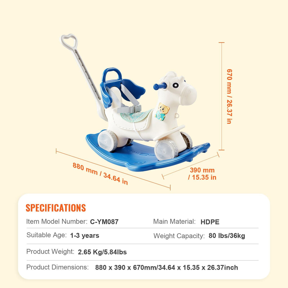 4 in 1 Rocking Horse for Toddlers 1-3 Years, Baby Rocking Horse with Detachable Balance Board, Push Handle and 4 Smooth Wheels, Support up to HDPE 80 lbs Kids Ride on Toy with Sound, Blue