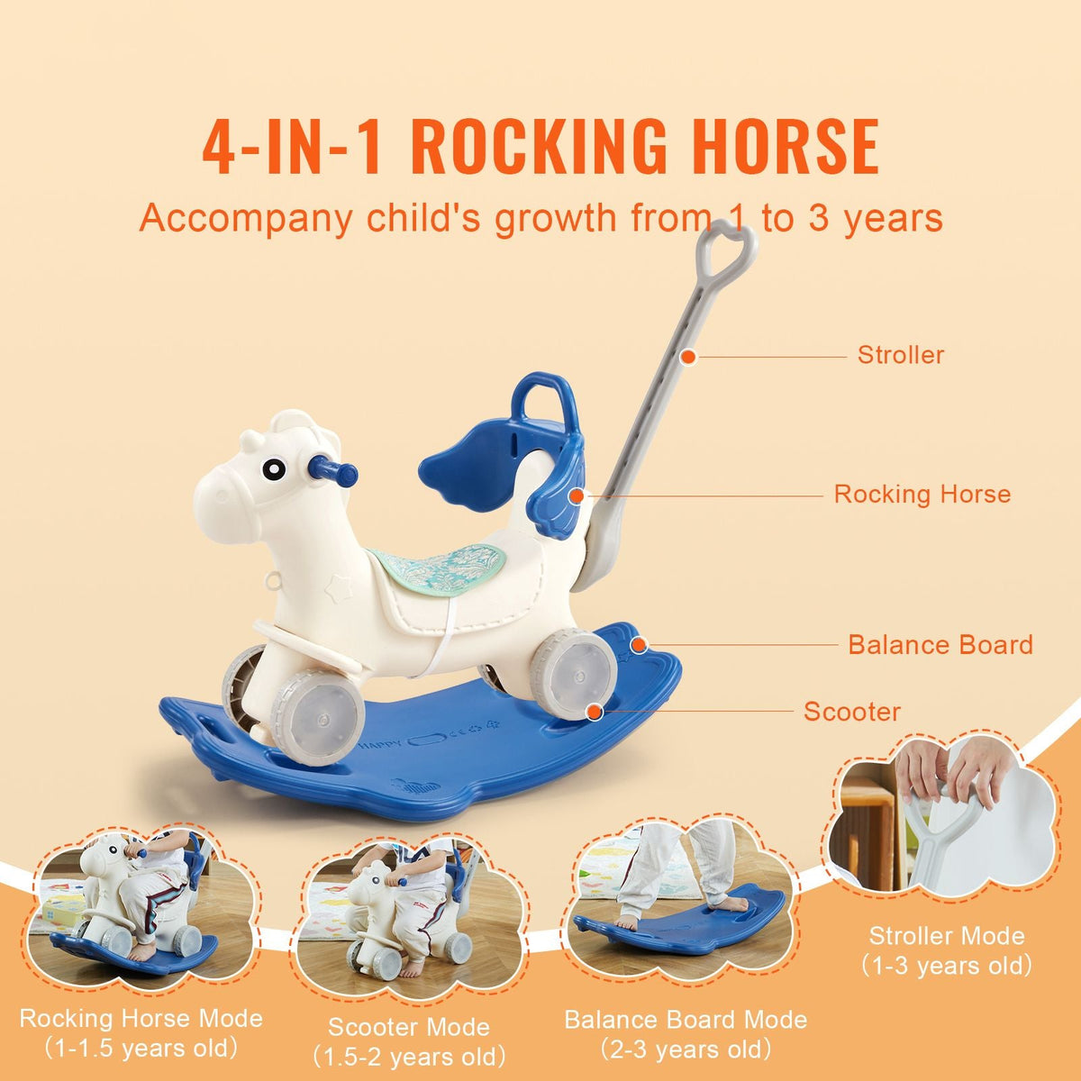 4 in 1 Rocking Horse for Toddlers 1-3 Years, Baby Rocking Horse with Detachable Balance Board, Push Handle and 4 Smooth Wheels, Support up to HDPE 80 lbs Kids Ride on Toy with Sound, Blue