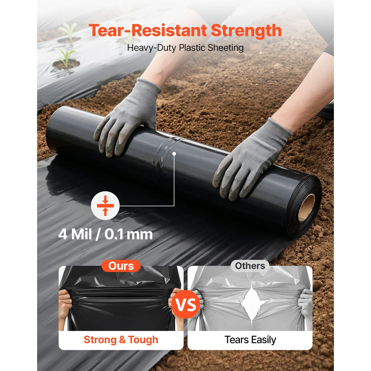 4 Mil Plastic Sheeting 10' x 100' Black Heavy Duty Polyethylene Roll, Thick Plastic Roll for Garden, Drop Cloth Painters Tarp, Polyethylene Covering for Crawl Space Vapor Barrier, Weed Control