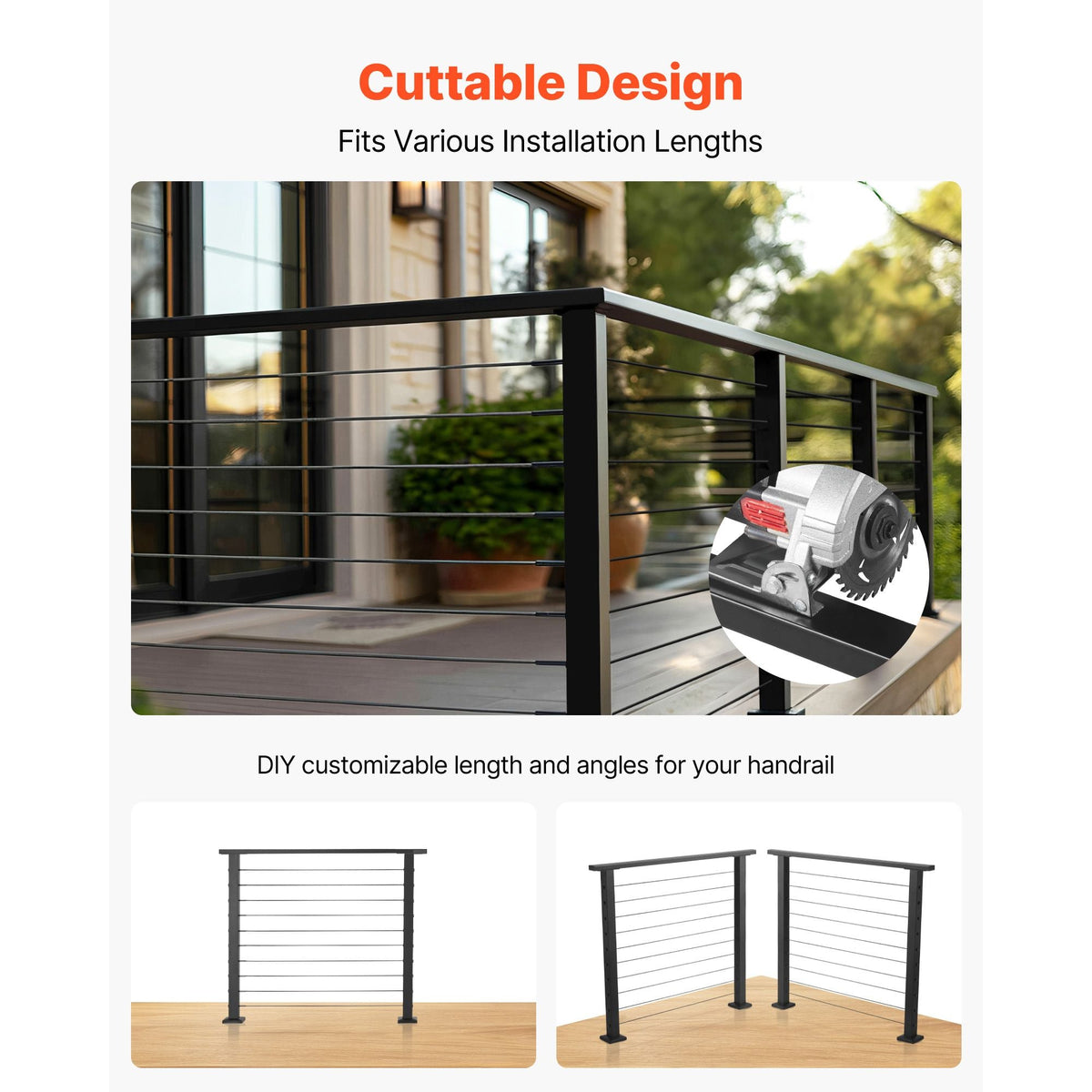 4 Pack 6.5 ft Stainless Steel Handrail, Rectangular Top Stair Deck Hand Rail for Outdoor/Indoor Steps with End Cap,Matte Black Coating Adjustable Metal Stair Rail for Cable Railing Kit