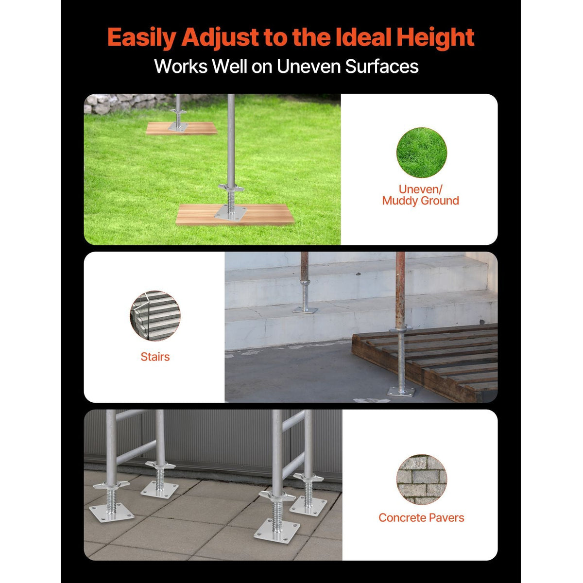 4-Pack Adjustable Leveling Jacks, 18.2 In Adjustable Height & 3307lbs/1500kg Total Load Capacity Scaffold Jacks Feet, Solid Carbon Steel Screw Jacks for Baker-Style Scaffolding Equipment, Silver