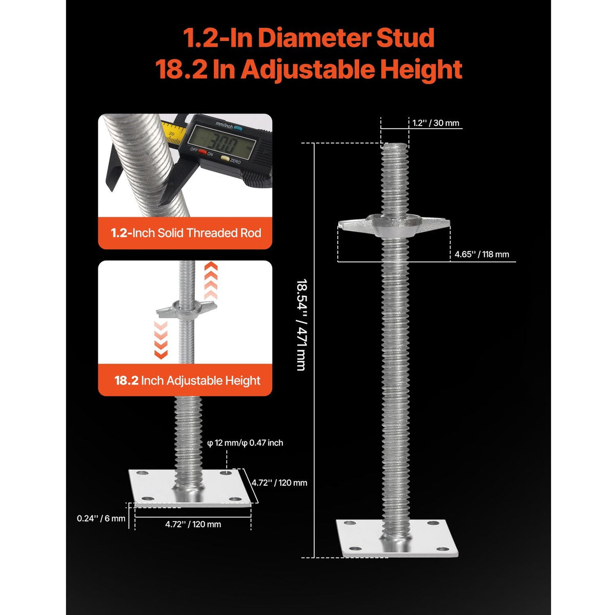 4-Pack Adjustable Leveling Jacks, 18.2 In Adjustable Height & 3307lbs/1500kg Total Load Capacity Scaffold Jacks Feet, Solid Carbon Steel Screw Jacks for Baker-Style Scaffolding Equipment, Silver