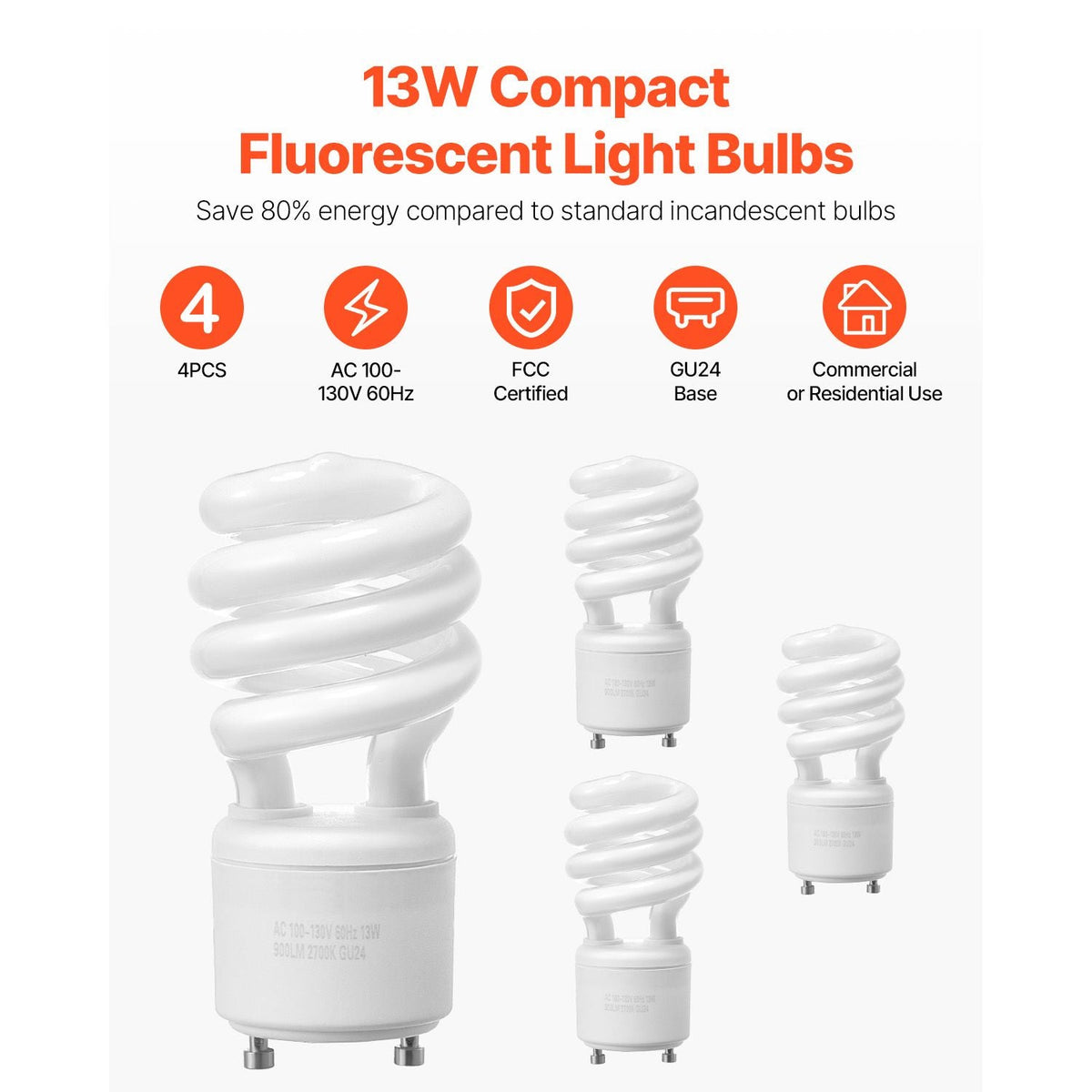 4-Pack CFL Light Bulbs, 13W Compact Fluorescent Spiral Bulbs with 2700K Warm Light, 900lm Luminous Flux, Twist and Lock GU24 Base, Ideal for Bedrooms, Study Rooms, Living Rooms, Commercial Use