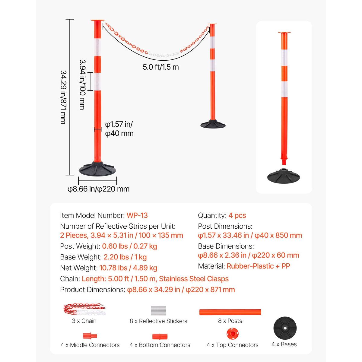 4 Pack Traffic Delineator Posts, 34 in Traffic Safety Cones with Weighted Base, Reflective Strips and Chain, Heavy Duty Delineator Posts for Construction Site, Parking Lot, Crowd Control, Red
