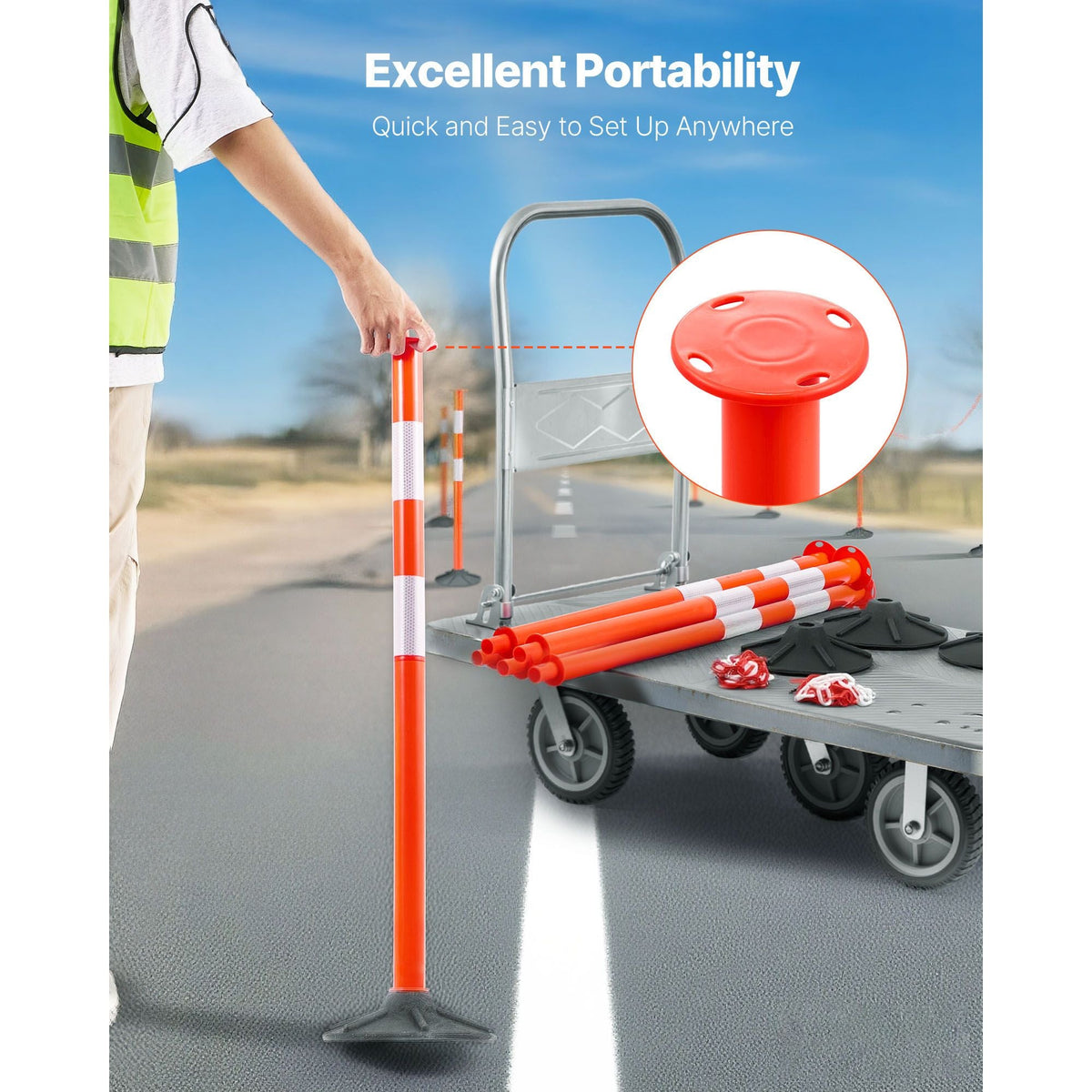 4 Pack Traffic Delineator Posts, 34 in Traffic Safety Cones with Weighted Base, Reflective Strips and Chain, Heavy Duty Delineator Posts for Construction Site, Parking Lot, Crowd Control, Red