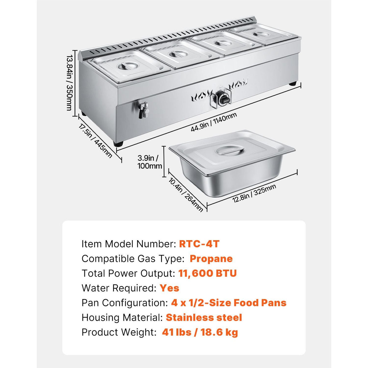 4-Pan Commercial Propane Steam Table, LP Gas Outdoor Soup Warmer with Drain Valve, Stainless Steel Propane Food Warmer with Adjustable Temperature, for Restaurant Party Outdoor Camping