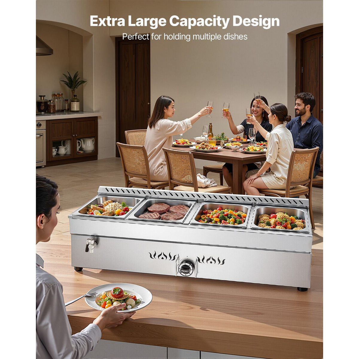 4-Pan Commercial Propane Steam Table, LP Gas Outdoor Soup Warmer with Drain Valve, Stainless Steel Propane Food Warmer with Adjustable Temperature, for Restaurant Party Outdoor Camping