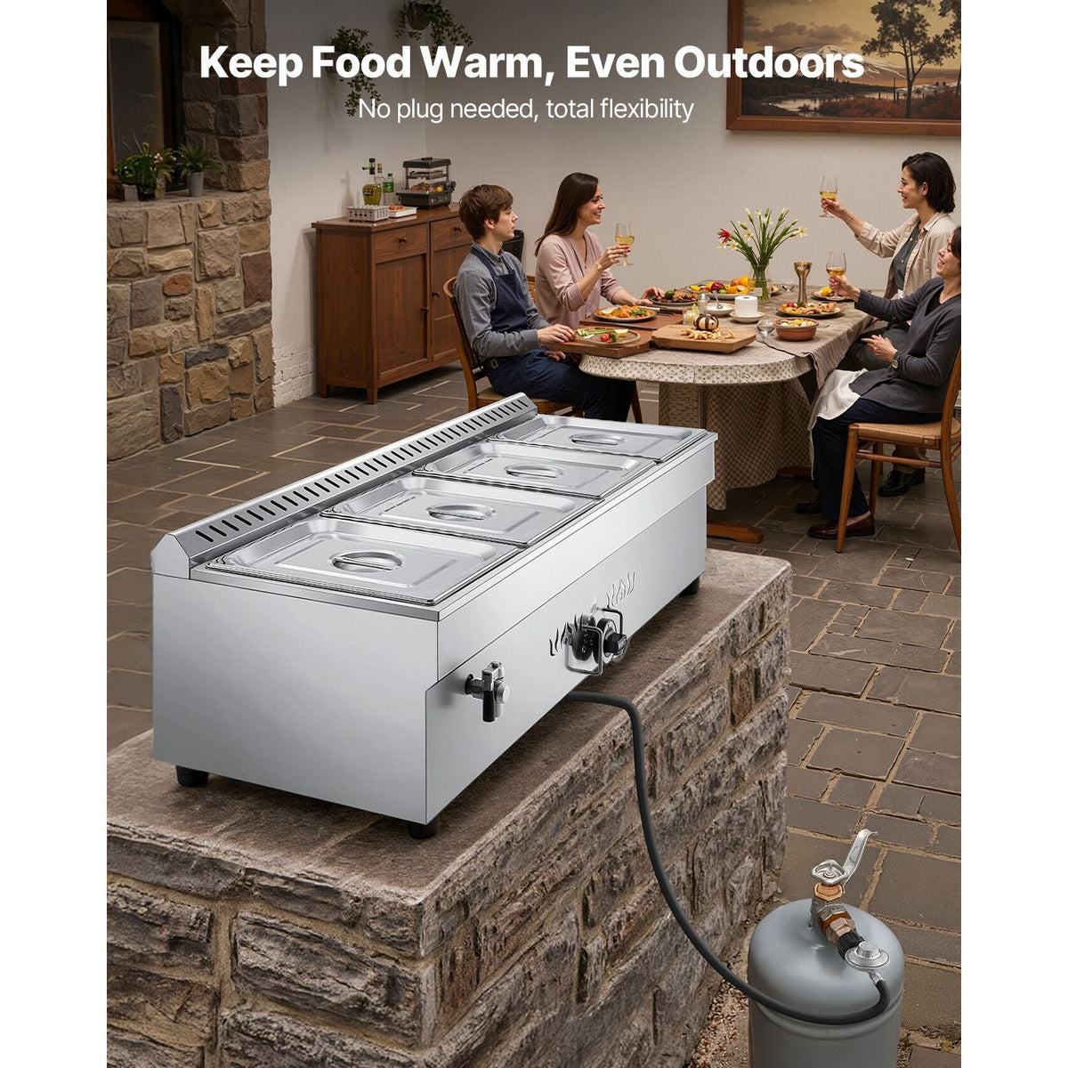4-Pan Commercial Propane Steam Table, LP Gas Outdoor Soup Warmer with Drain Valve, Stainless Steel Propane Food Warmer with Adjustable Temperature, for Restaurant Party Outdoor Camping