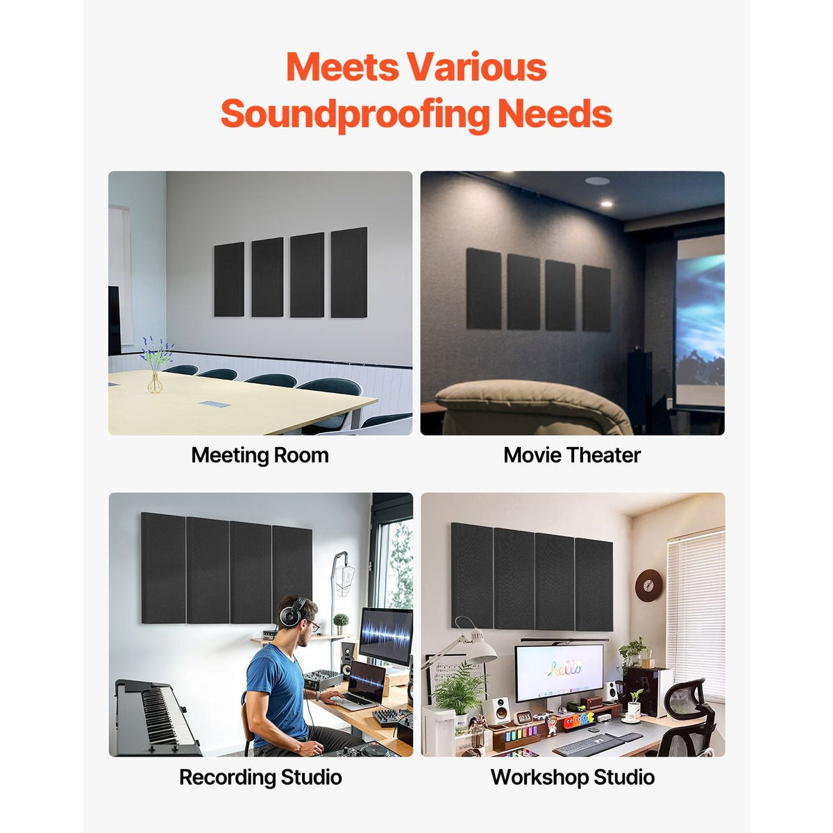 4 PCS Acoustic Panels, 2 inch Thick 23.6 x 11.8 inch Fiberglass Sound Absorbing Panels, Self-adhesive Soundproof Wall Boards, for Studios, Office, Home Theater,Meeting Room, Black