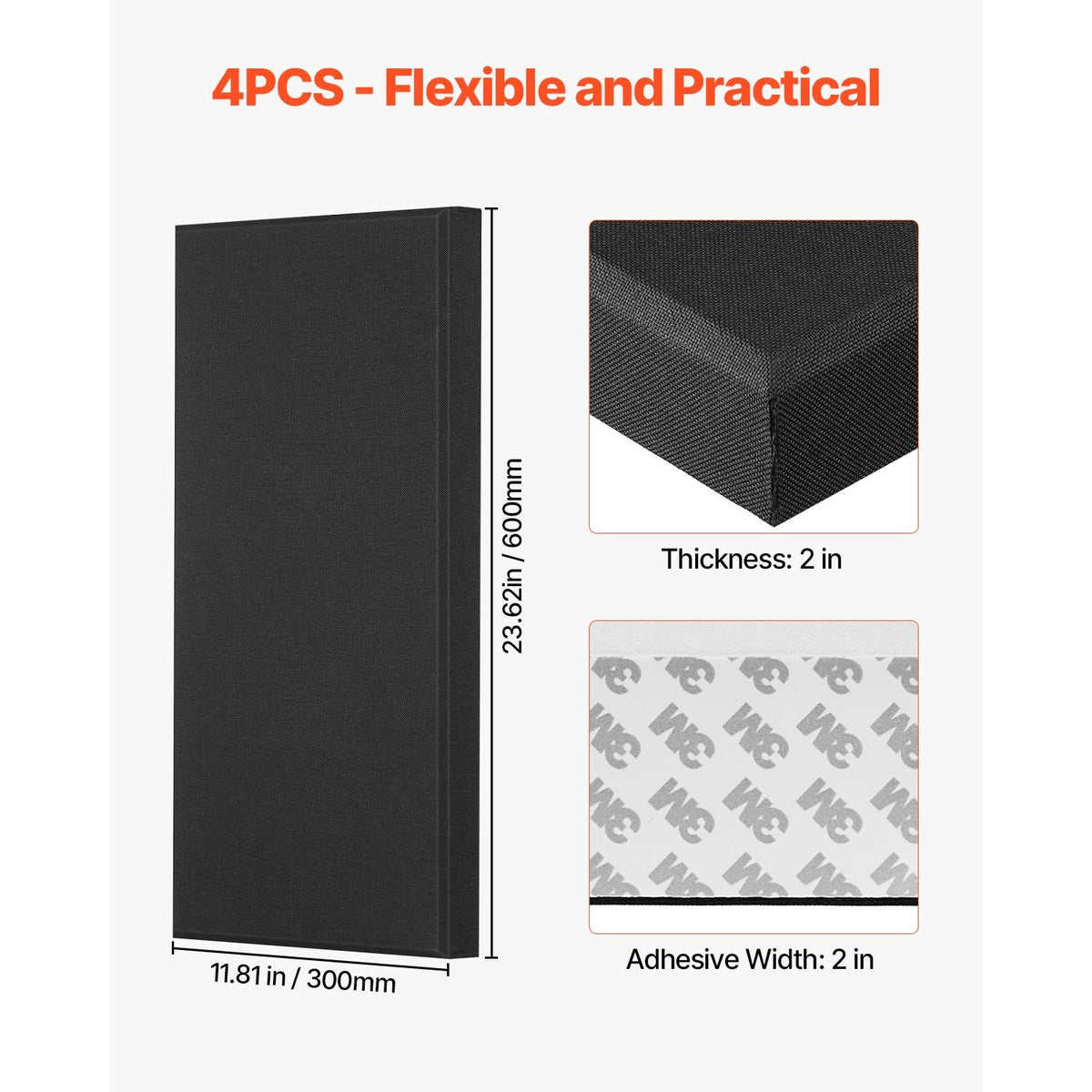 4 PCS Acoustic Panels, 2 inch Thick 23.6 x 11.8 inch Fiberglass Sound Absorbing Panels, Self-adhesive Soundproof Wall Boards, for Studios, Office, Home Theater,Meeting Room, Black