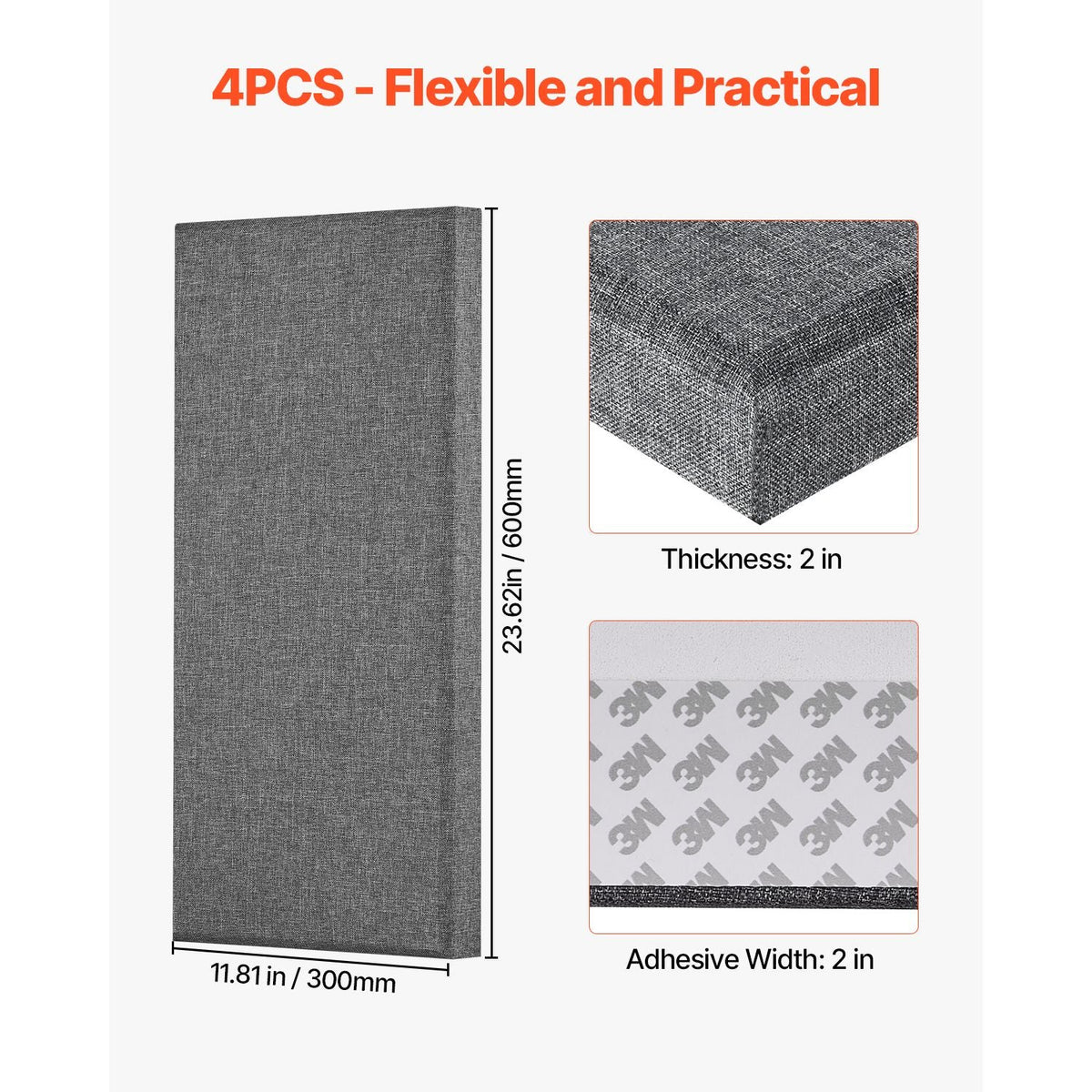 4 PCS Acoustic Panels, 2 inch Thick 23.6 x 11.8 inch Fiberglass Sound Absorbing Panels, Self-adhesive Soundproof Wall Boards, for Studios, Office, Home Theater,Meeting Room, Gray