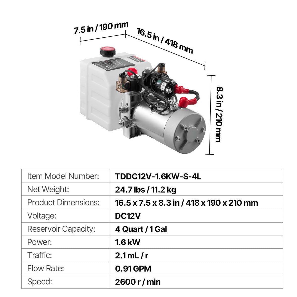 4 Quart Hydraulic Power Unit, Double Acting Dump Trailer Pump, 3200 PSI Max Relief Pressure & 0.91 GPM Flow Rate, DC 12V Hydraulic Pump with Metal Reservoir for Dump Trailer Car Lifting, White