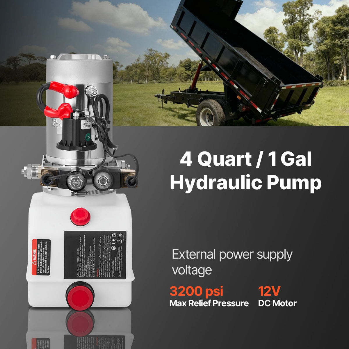 4 Quart Hydraulic Power Unit, Double Acting Dump Trailer Pump, 3200 PSI Max Relief Pressure & 0.91 GPM Flow Rate, DC 12V Hydraulic Pump with Metal Reservoir for Dump Trailer Car Lifting, White
