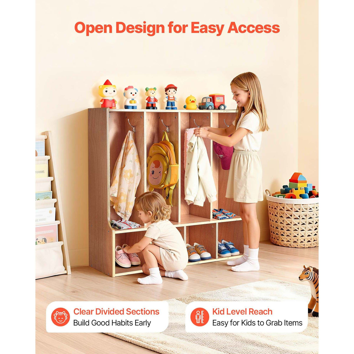4-Section Kids Coat Locker, Wooden Toddler Cubby Storage Organizer with 8 Hooks & Non-Slip Mat, Modern Kid Coat Cubbies with 4 Small Open Storage Boxes for Home, Kindergarten, Daycare, Natural