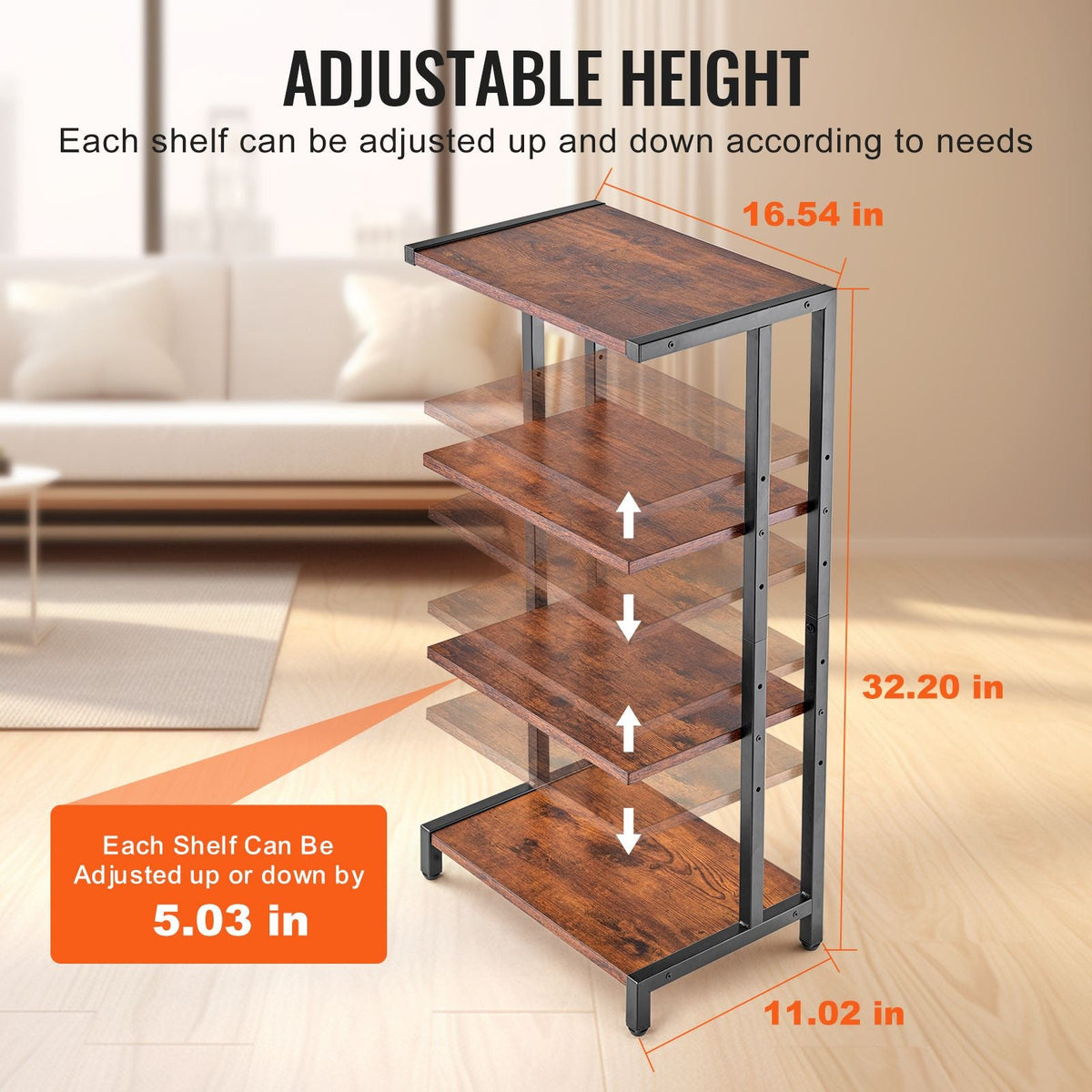 4-Tier AV Media Stand, Corner TV Stand, Height Adjustable Wooden Shelves for DVD Players/Cable Boxes/Games Consoles, Brown