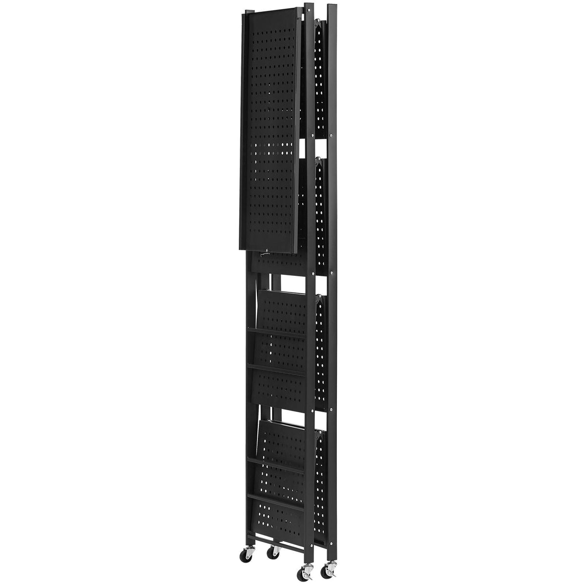 4-Tier Foldable Storage Shelf, 28W x 13D x 54H Inch Folding Metal Rack Shelving Unit, No Assembly Organizer Shelf with 5 Wheels & 4 Hooks for Pantry, Kitchen, Garage, Basement, Black