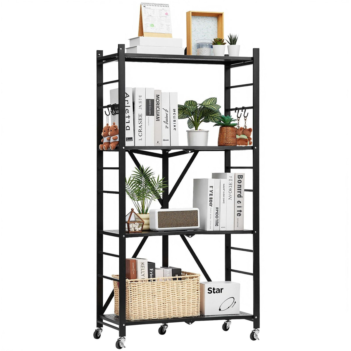 4-Tier Foldable Storage Shelf, 28W x 13D x 54H Inch Folding Metal Rack Shelving Unit, No Assembly Organizer Shelf with 5 Wheels & 4 Hooks for Pantry, Kitchen, Garage, Basement, Black