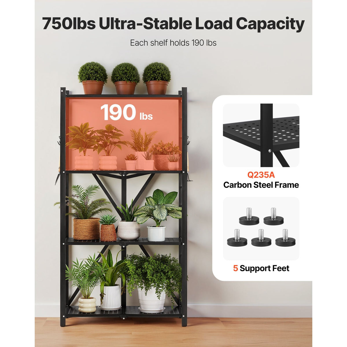 4-Tier Foldable Storage Shelf, 28W x 13D x 54H Inch Folding Metal Rack Shelving Unit, No Assembly Organizer Shelf with 5 Wheels & 4 Hooks for Pantry, Kitchen, Garage, Basement, Black