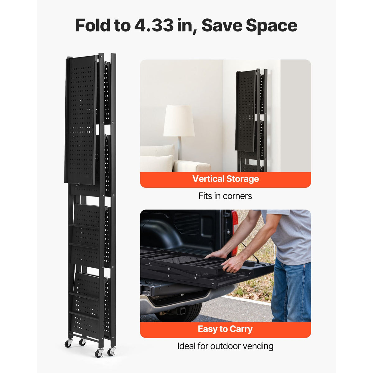 4-Tier Foldable Storage Shelf, 28W x 13D x 54H Inch Folding Metal Rack Shelving Unit, No Assembly Organizer Shelf with 5 Wheels & 4 Hooks for Pantry, Kitchen, Garage, Basement, Black