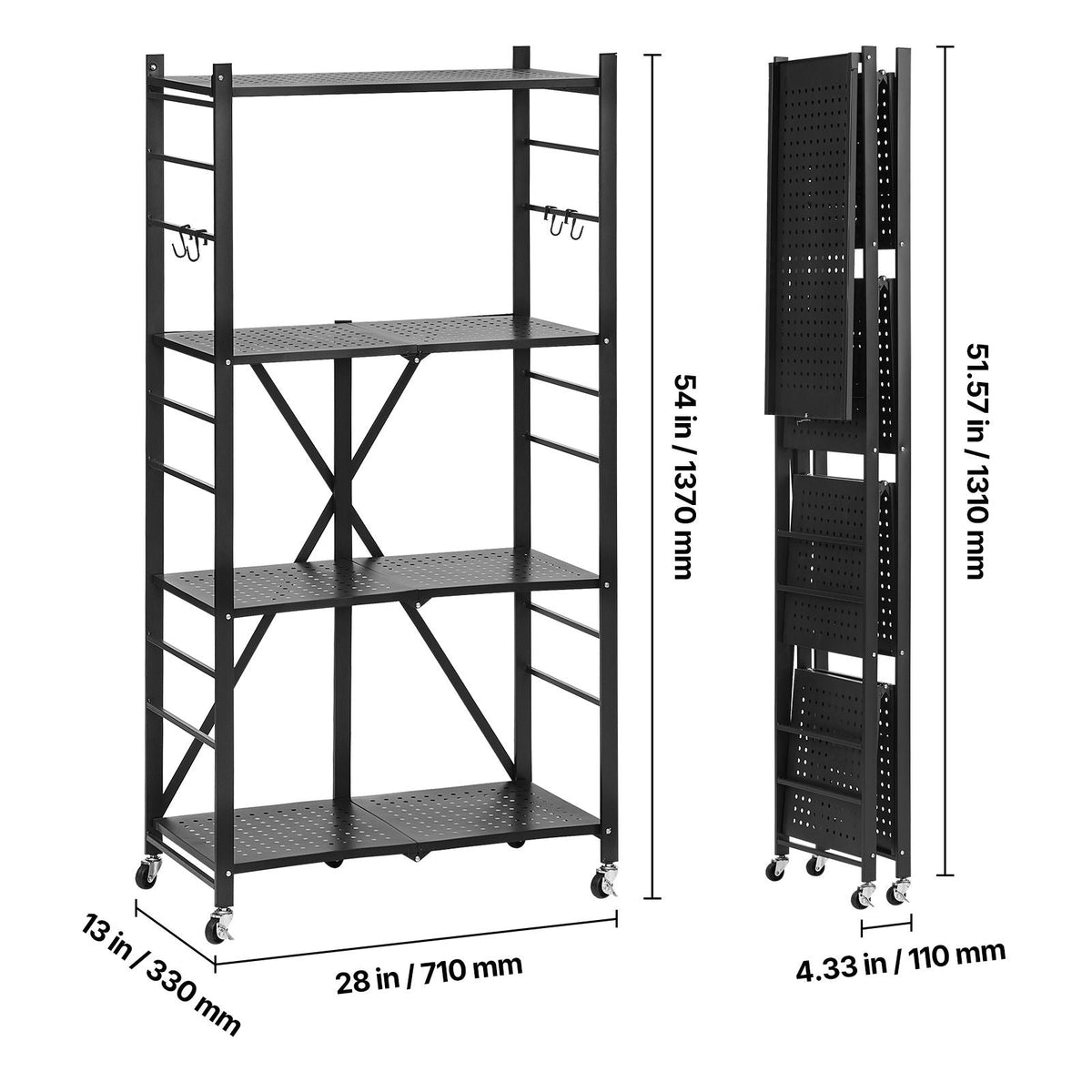 4-Tier Foldable Storage Shelf, 28W x 13D x 54H Inch Folding Metal Rack Shelving Unit, No Assembly Organizer Shelf with 5 Wheels & 4 Hooks for Pantry, Kitchen, Garage, Basement, Black